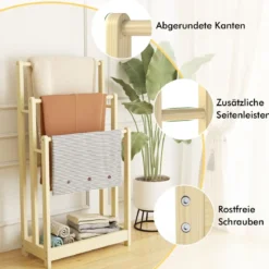 Freistehender Handtuchhalter aus Holz mit 3 Handtuchstangen & Unterer Ablage & Kippschutz