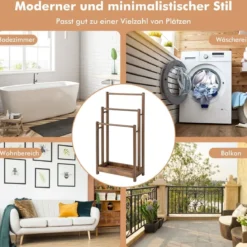 Freistehender Handtuchhalter aus Holz mit 3 Handtuchstangen & Unterer Ablage & Kippschutz