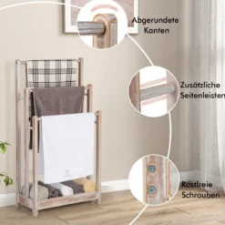 Freistehender Handtuchhalter aus Holz mit 3 Handtuchstangen & Unterer Ablage & Kippschutz