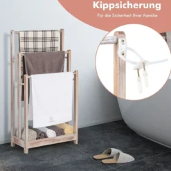 Freistehender Handtuchhalter aus Holz mit 3 Handtuchstangen & Unterer Ablage & Kippschutz