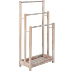Freistehender Handtuchhalter aus Holz mit 3 Handtuchstangen & Unterer Ablage & Kippschutz