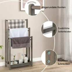Freistehender Handtuchhalter aus Holz mit 3 Handtuchstangen & Unterer Ablage & Kippschutz