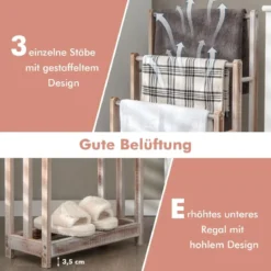 Freistehender Handtuchhalter aus Holz mit 3 Handtuchstangen & Unterer Ablage & Kippschutz