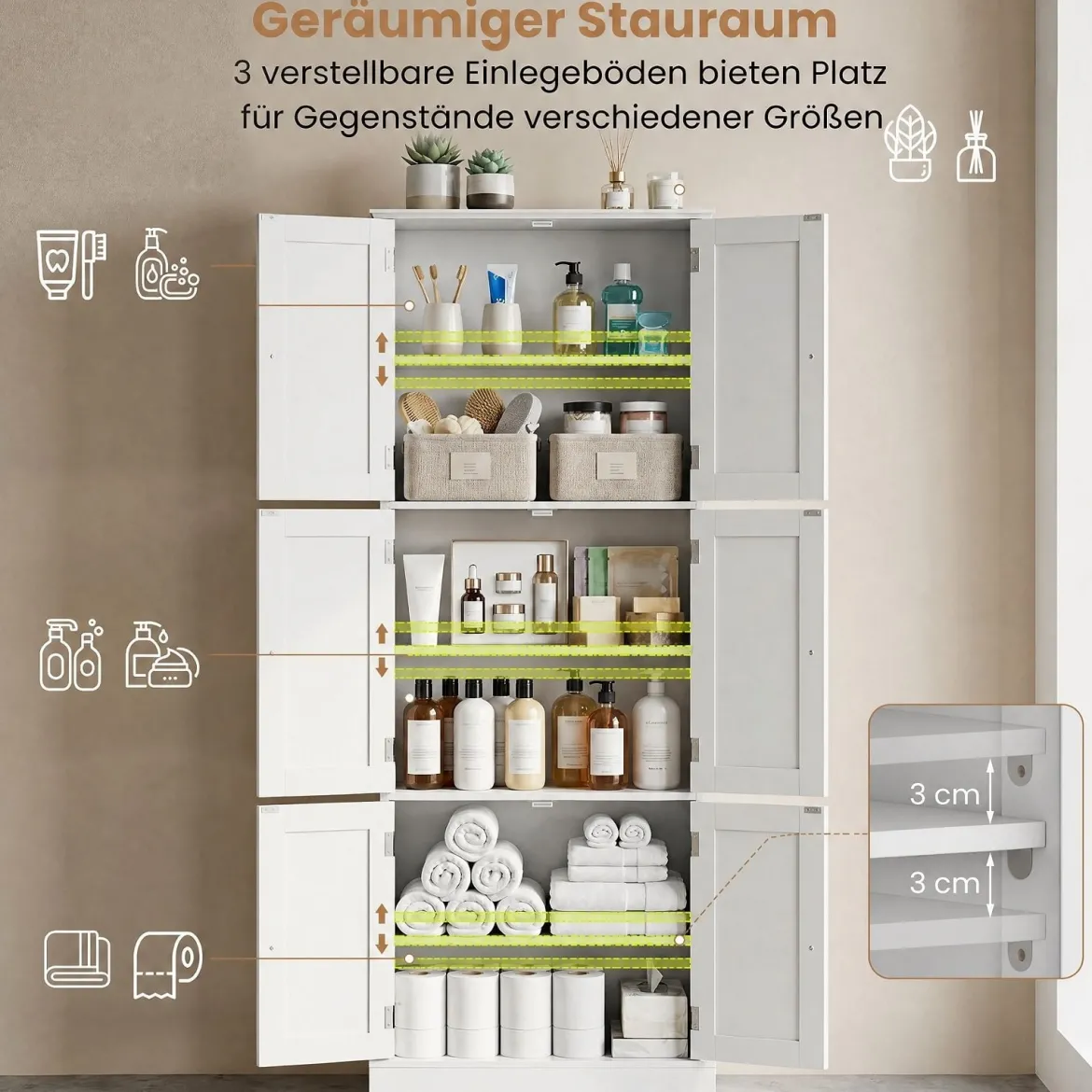 Freistehender Hochschrank mit 6 Türen & 3 Geschlossenen Schränken 60 x 30 x 160 cm Weiß