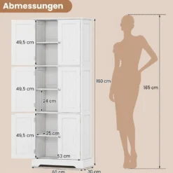 Freistehender Hochschrank mit 6 Türen & 3 Geschlossenen Schränken 60 x 30 x 160 cm Weiß