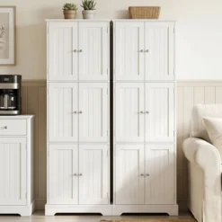 Freistehender Hochschrank mit 6 Türen & 3 Geschlossenen Schränken 60 x 30 x 160 cm Weiß