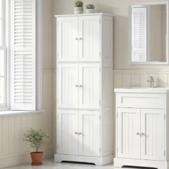 Freistehender Hochschrank mit 6 Türen & 3 Geschlossenen Schränken 60 x 30 x 160 cm Weiß