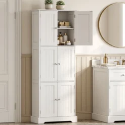 Freistehender Hochschrank mit 6 Türen & 3 Geschlossenen Schränken 60 x 30 x 160 cm Weiß