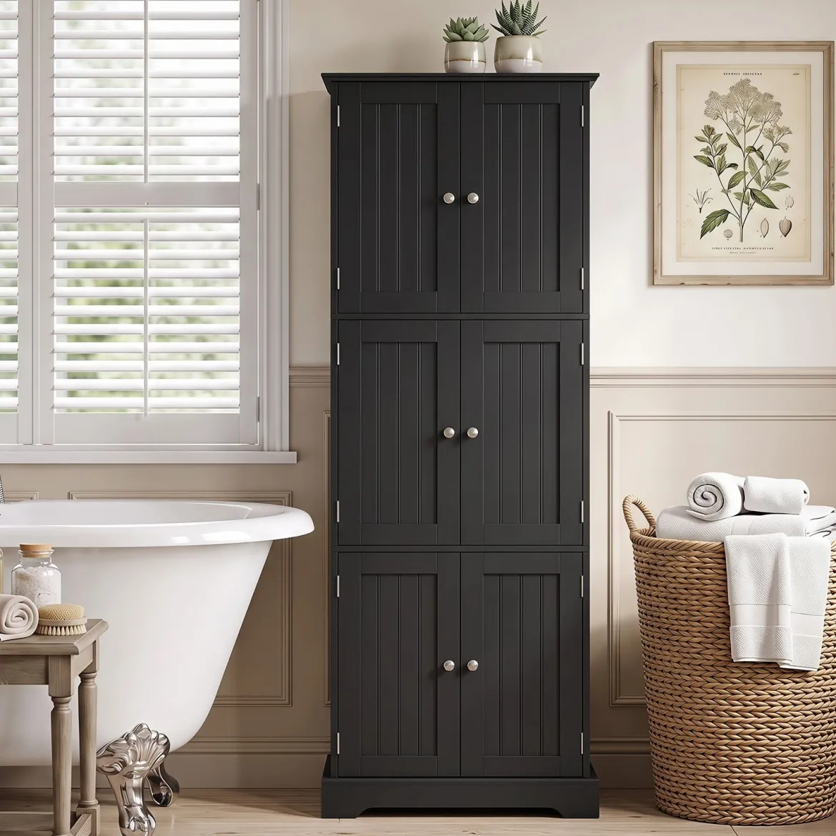 Freistehender Hochschrank mit 6 Türen & 3 Geschlossenen Schränken 60 x 30 x 160 cm Schwarz