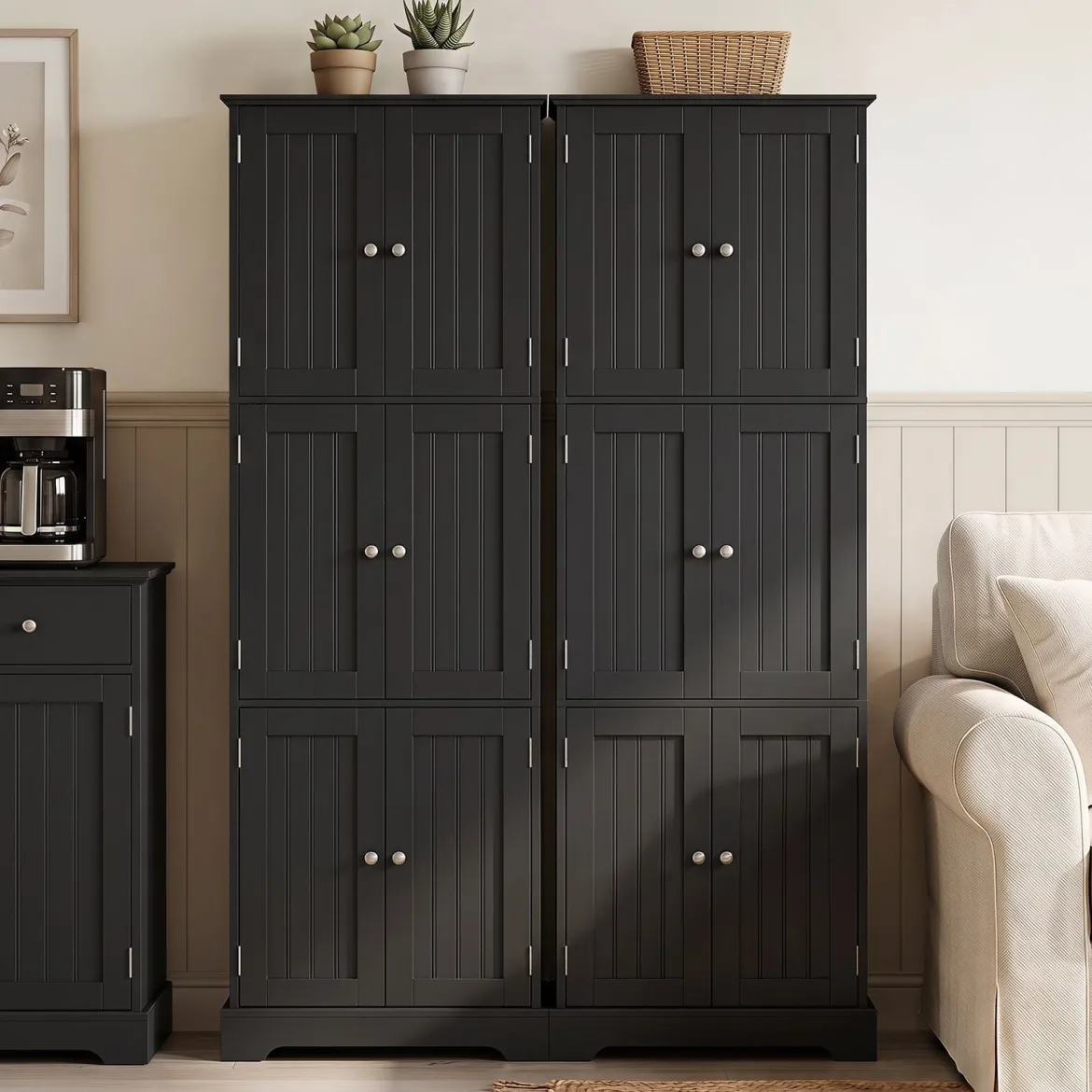 Freistehender Hochschrank mit 6 Türen & 3 Geschlossenen Schränken 60 x 30 x 160 cm Schwarz