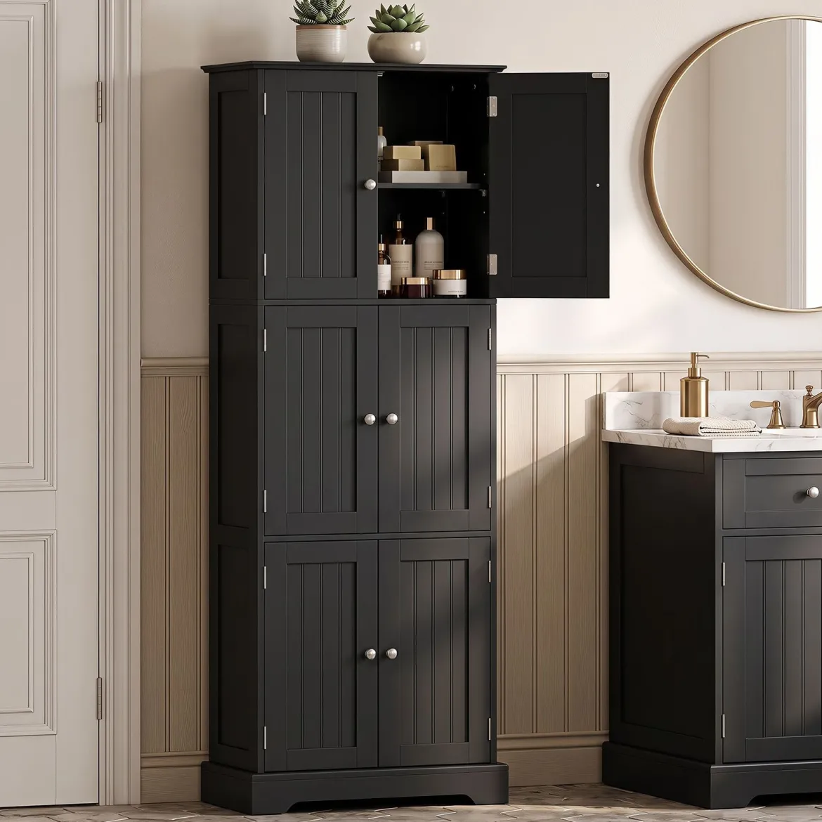 Freistehender Hochschrank mit 6 Türen & 3 Geschlossenen Schränken 60 x 30 x 160 cm Schwarz
