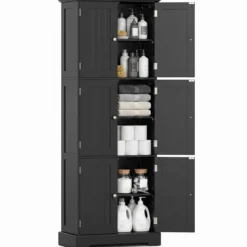 Freistehender Hochschrank mit 6 Türen & 3 Geschlossenen Schränken 60 x 30 x 160 cm Schwarz