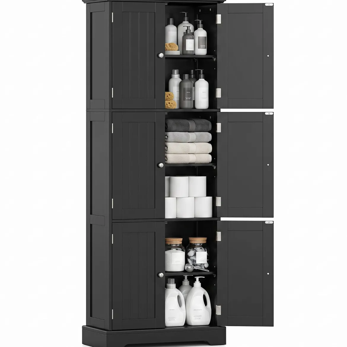 Freistehender Hochschrank mit 6 Türen & 3 Geschlossenen Schränken 60 x 30 x 160 cm Schwarz