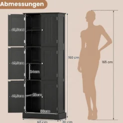 Freistehender Hochschrank mit 6 Türen & 3 Geschlossenen Schränken 60 x 30 x 160 cm Schwarz