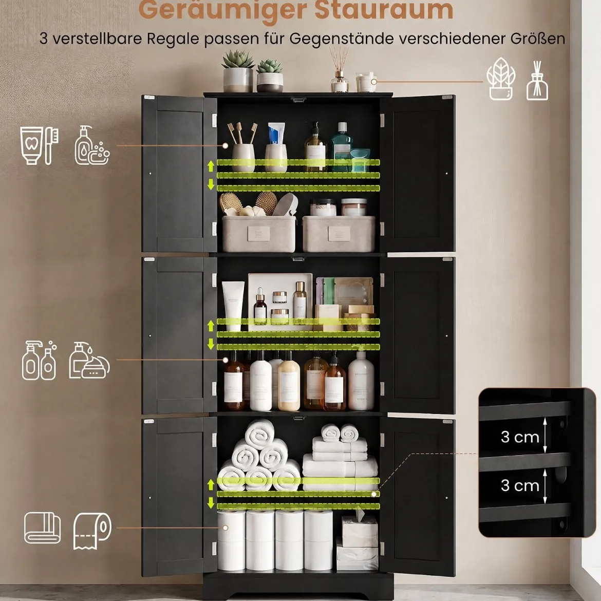 Freistehender Hochschrank mit 6 Türen & 3 Geschlossenen Schränken 60 x 30 x 160 cm Schwarz