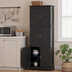 Freistehender Hochschrank mit 6 Türen & 3 Geschlossenen Schränken 60 x 30 x 160 cm Schwarz