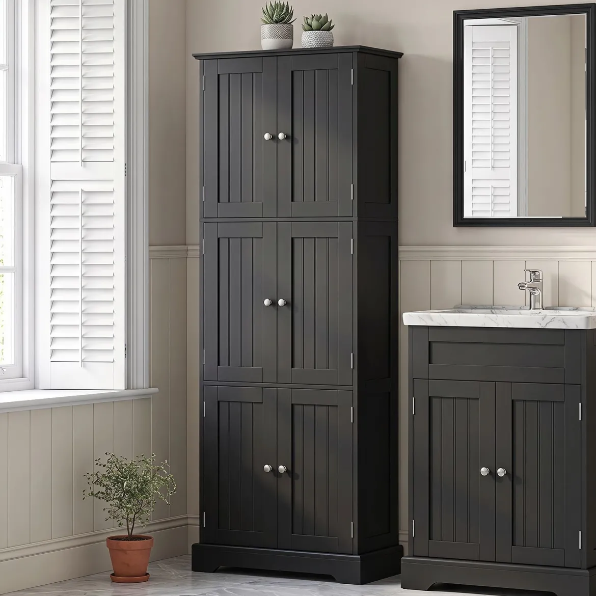 Freistehender Hochschrank mit 6 Türen & 3 Geschlossenen Schränken 60 x 30 x 160 cm Schwarz