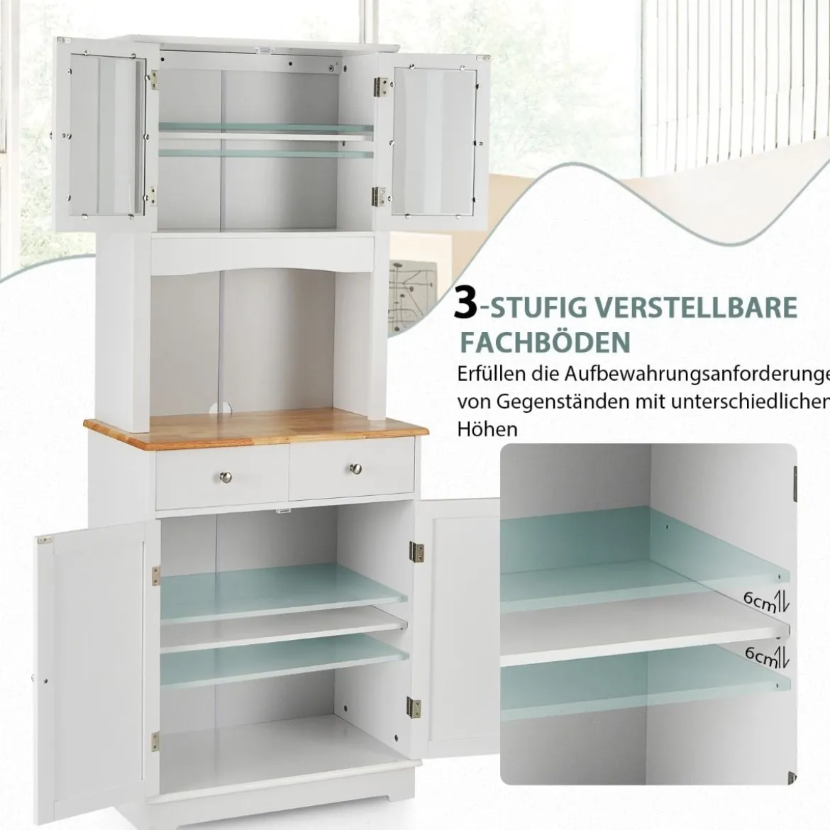 Freistehender Holzschrank mit 2 Schubladen & Verstellbaren Regalen Bodenschrank Weiß