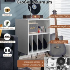Freistehender Plattenspieler-Ständer mit Metallbeinen 5 offenen Fächern ideal für Wohnzimmer & Schlafzimmerr Weiß