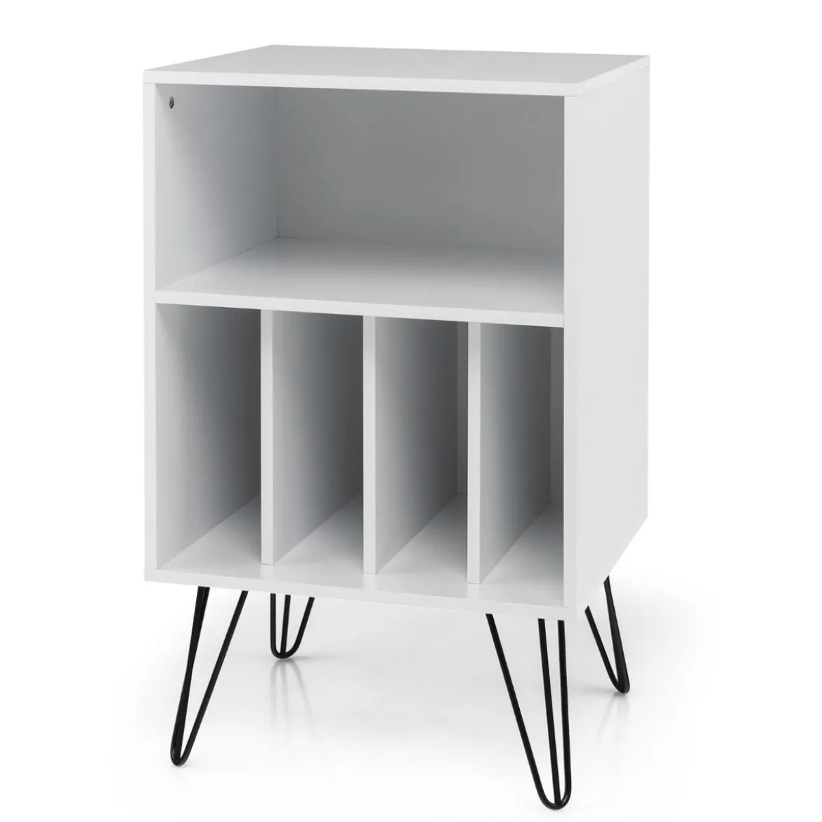 Freistehender Plattenspieler-Ständer mit Metallbeinen 5 offenen Fächern ideal für Wohnzimmer & Schlafzimmerr Weiß