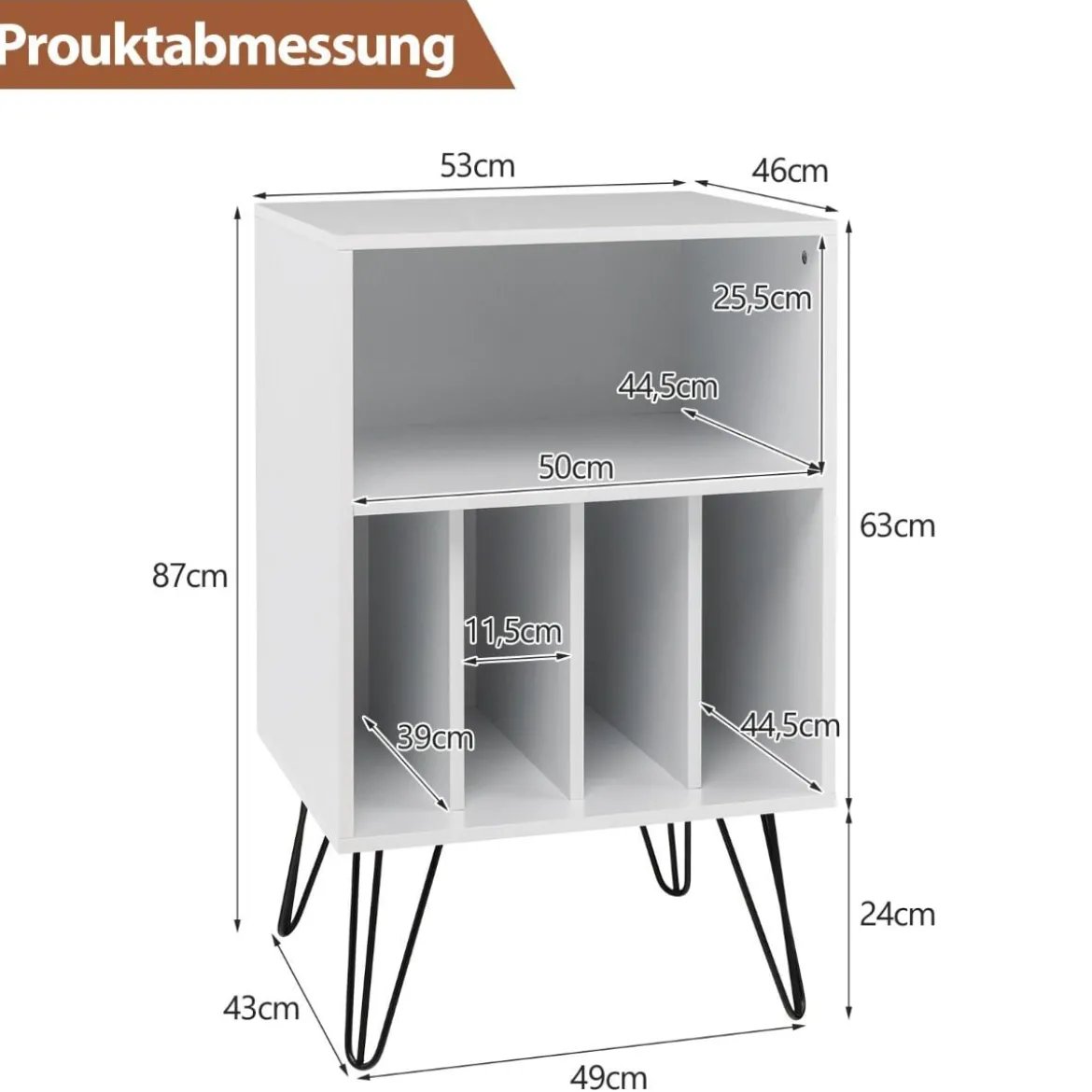 Freistehender Plattenspieler-Ständer mit Metallbeinen 5 offenen Fächern ideal für Wohnzimmer & Schlafzimmerr Weiß