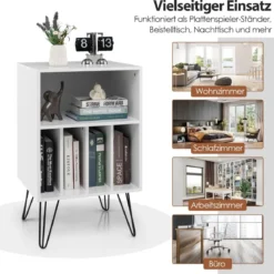 Freistehender Plattenspieler-Ständer mit Metallbeinen 5 offenen Fächern ideal für Wohnzimmer & Schlafzimmerr Weiß