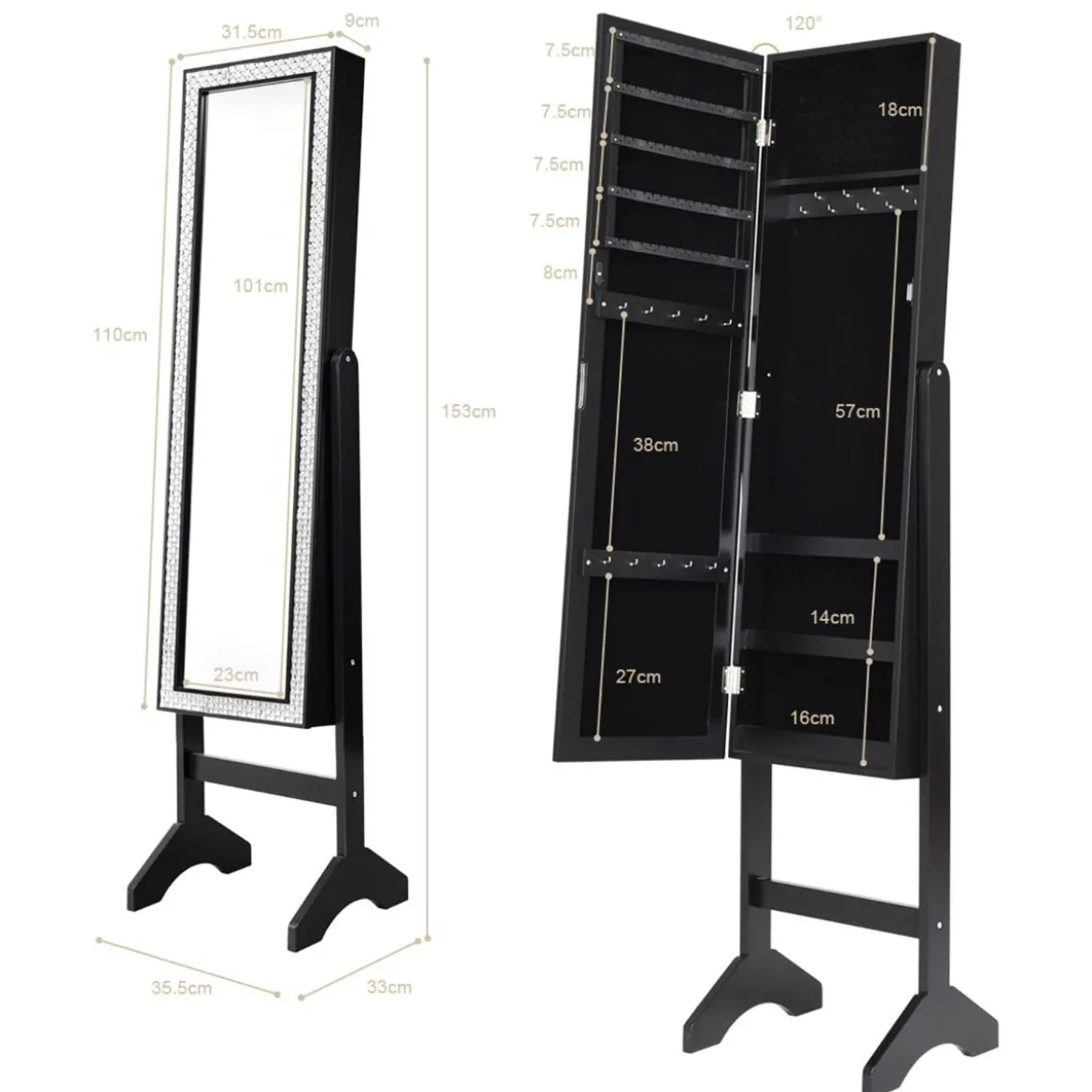 Freistehender Schmuckschrank mit Ganzkörperspiegel Schmuckregal35,5 × 33 × 153 cm Schwarz