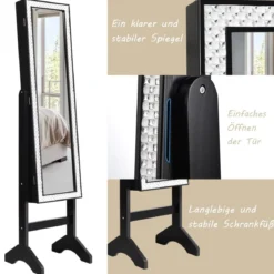 Freistehender Schmuckschrank mit Ganzkörperspiegel Schmuckregal35,5 × 33 × 153 cm Schwarz