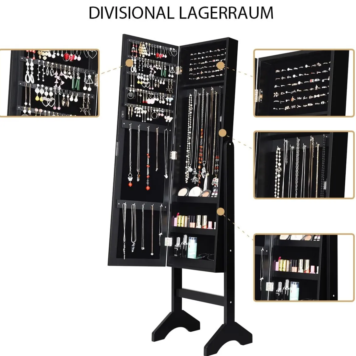 Freistehender Schmuckschrank mit Ganzkörperspiegel Schmuckregal35,5 × 33 × 153 cm Schwarz