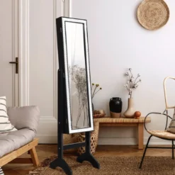 Freistehender Schmuckschrank mit Ganzkörperspiegel Schmuckregal35,5 × 33 × 153 cm Schwarz