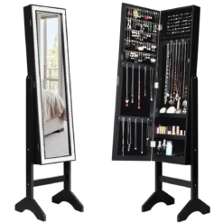 Freistehender Schmuckschrank mit Ganzkörperspiegel Schmuckregal35,5 × 33 × 153 cm Schwarz
