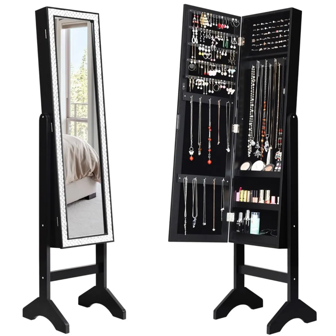 Freistehender Schmuckschrank mit Ganzkörperspiegel Schmuckregal35,5 × 33 × 153 cm Schwarz
