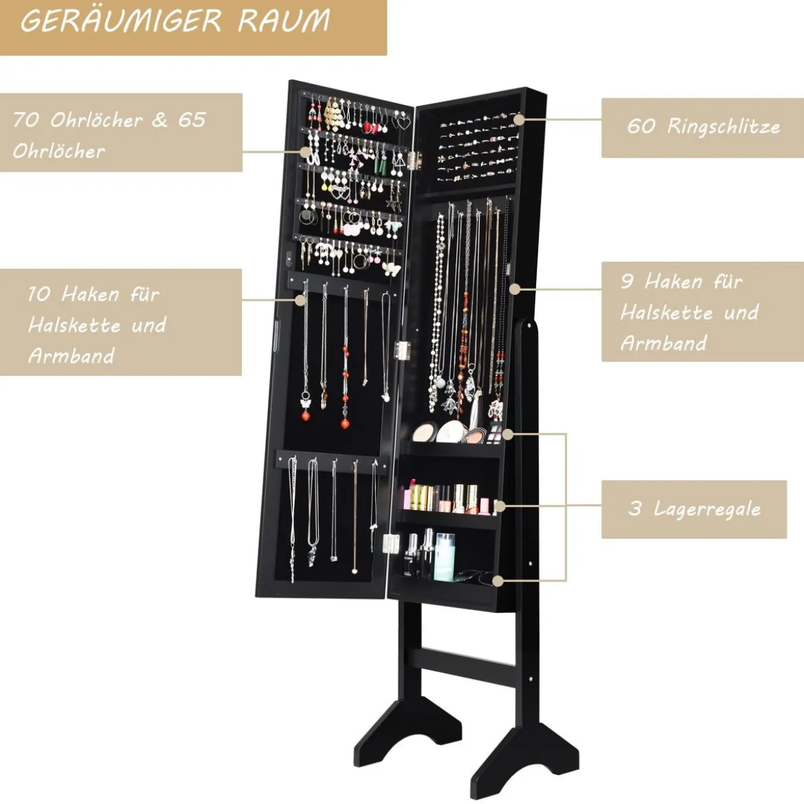 Freistehender Schmuckschrank mit Ganzkörperspiegel Schmuckregal35,5 × 33 × 153 cm Schwarz