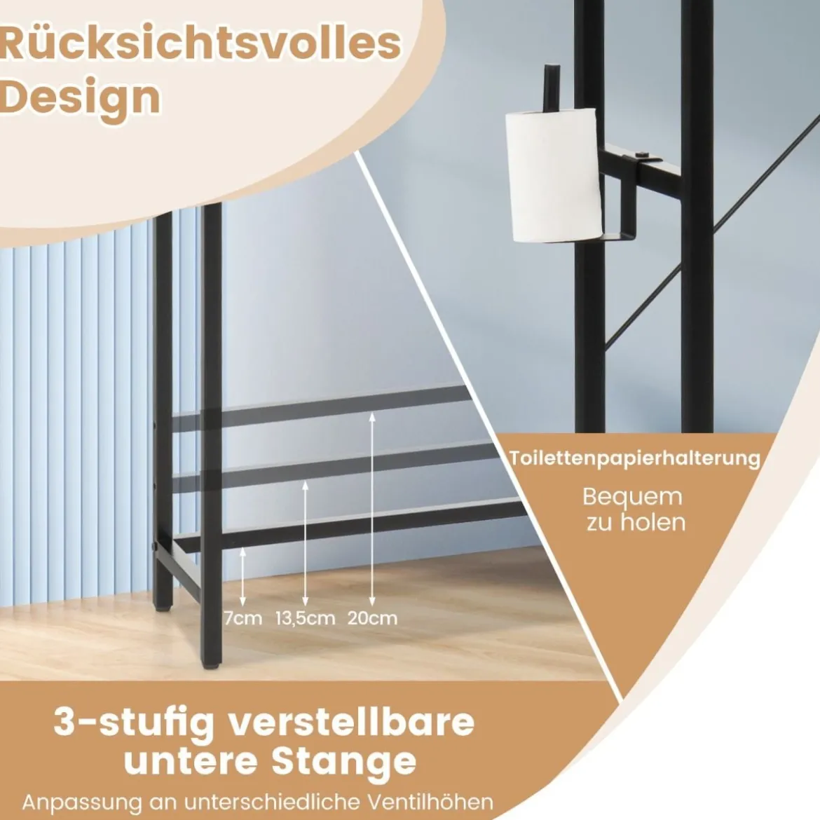 Freistehender Toilettenschrank Badezimmerregal mit verstellbaren Regalen Rustikales Braun