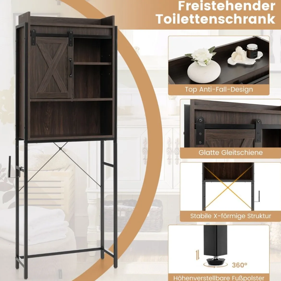 Freistehender Toilettenschrank Badezimmerregal mit verstellbaren Regalen Rustikales Braun