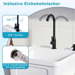 Freistehendes Ausgussbecken Quadratisches Waschbecken aus Kunststoff mit 360° Drehbarem Wasserhahn Weiß
