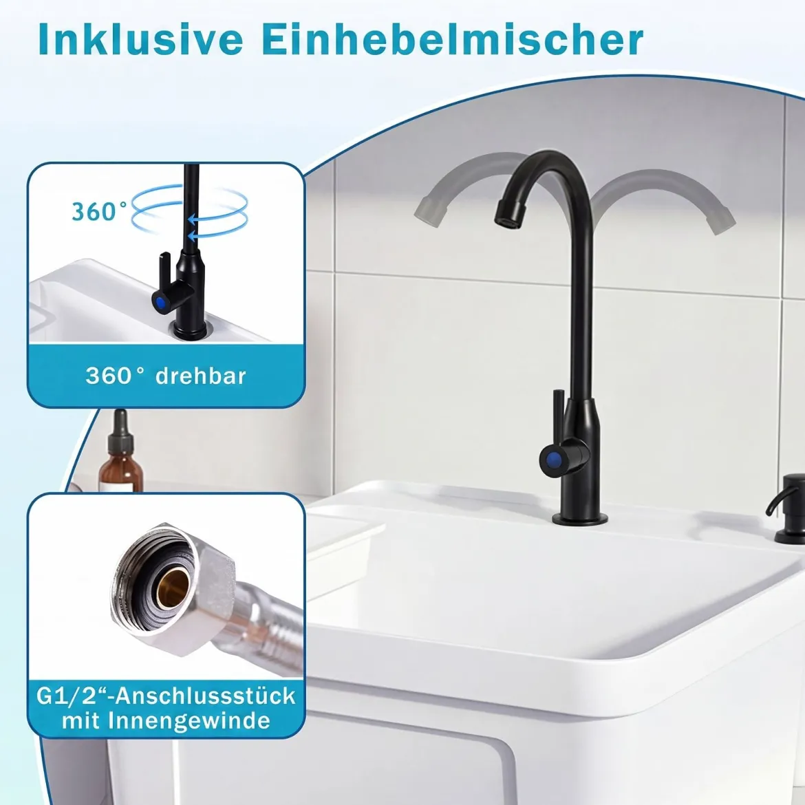 Freistehendes Ausgussbecken Quadratisches Waschbecken aus Kunststoff mit 360° Drehbarem Wasserhahn Weiß