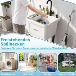 Freistehendes Ausgussbecken Quadratisches Waschbecken aus Kunststoff mit 360° Drehbarem Wasserhahn Weiß