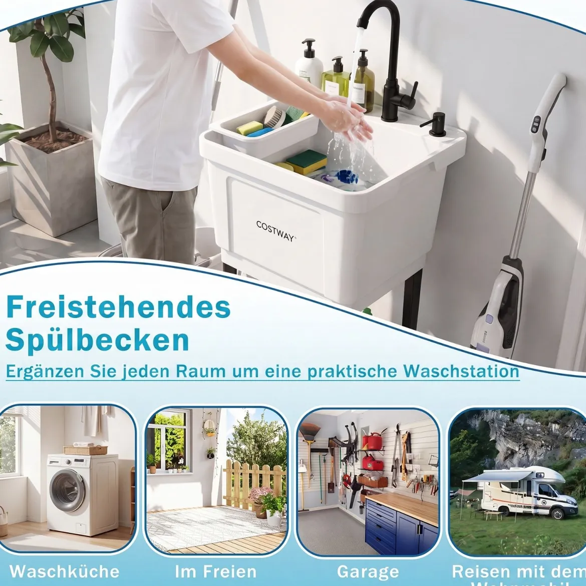 Freistehendes Ausgussbecken Quadratisches Waschbecken aus Kunststoff mit 360° Drehbarem Wasserhahn Weiß