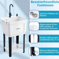 Freistehendes Ausgussbecken Quadratisches Waschbecken aus Kunststoff mit 360° Drehbarem Wasserhahn Weiß