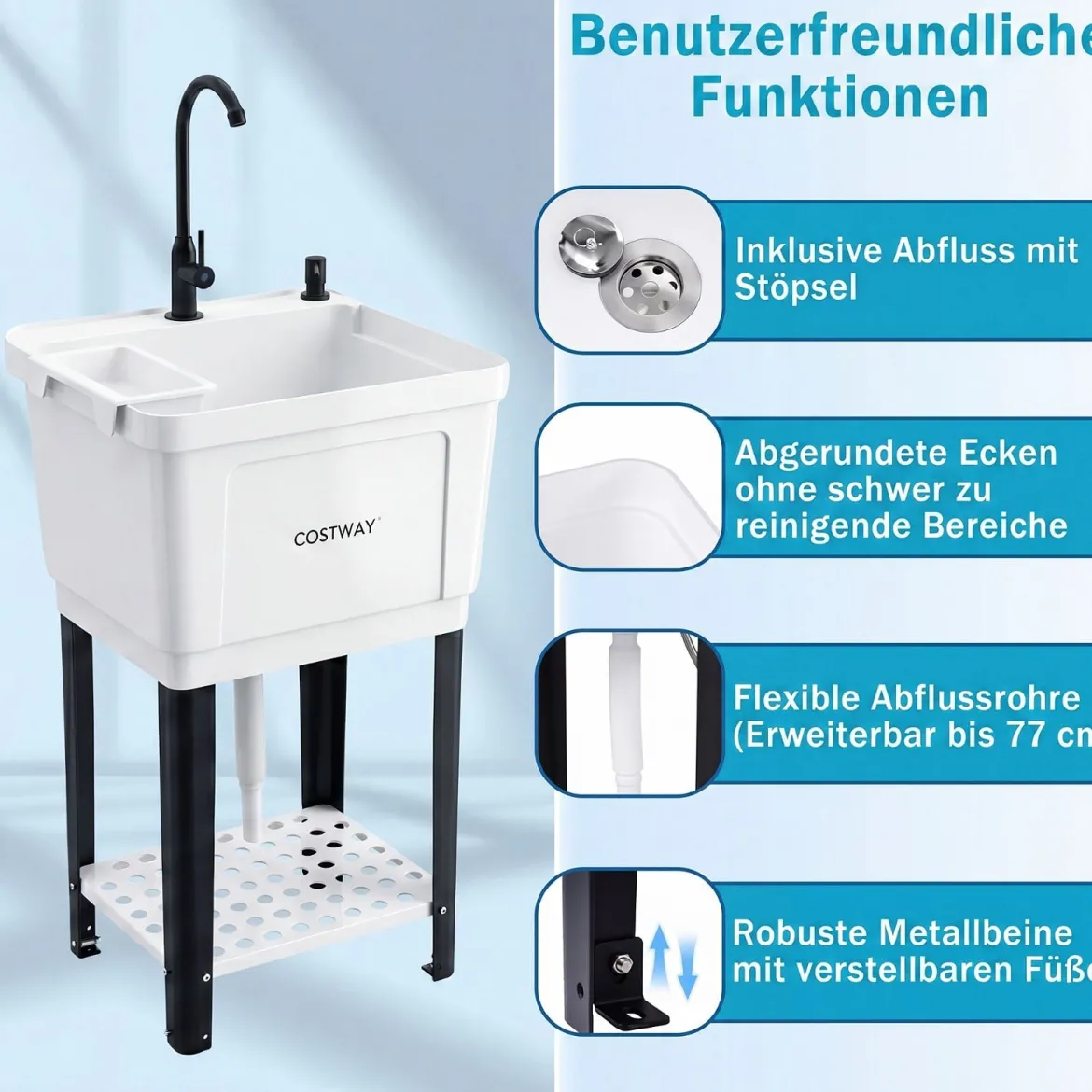 Freistehendes Ausgussbecken Quadratisches Waschbecken aus Kunststoff mit 360° Drehbarem Wasserhahn Weiß