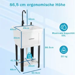 Freistehendes Ausgussbecken Quadratisches Waschbecken aus Kunststoff mit 360° Drehbarem Wasserhahn Weiß