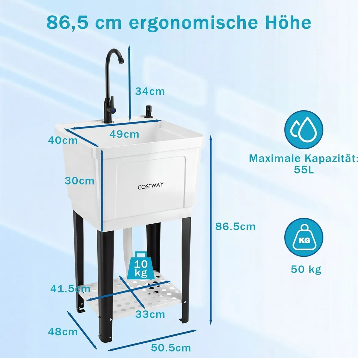 Freistehendes Ausgussbecken Quadratisches Waschbecken aus Kunststoff mit 360° Drehbarem Wasserhahn Weiß