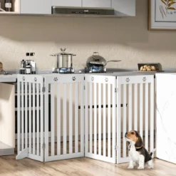 Freistehendes Holztor für Haustiere klappbares 4-teiliges Hundetor mit flexiblen Scharnieren Weiß