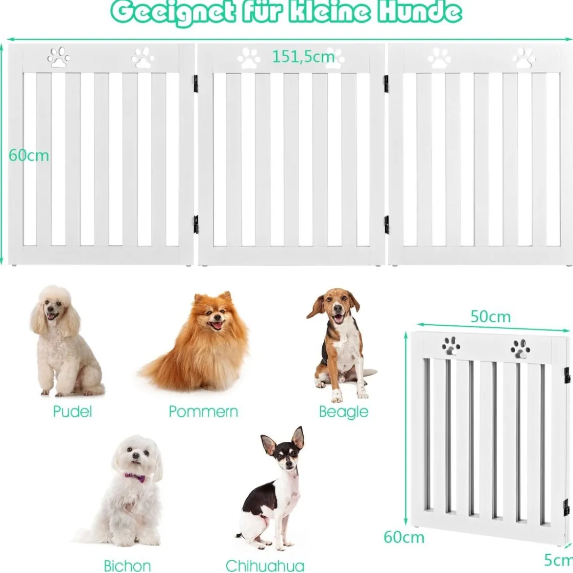 Freistehendes Holztor für Haustiere Klappbares Hundetor 3 Paneelen 151,5 x 60 x 1,5 cm Weiß