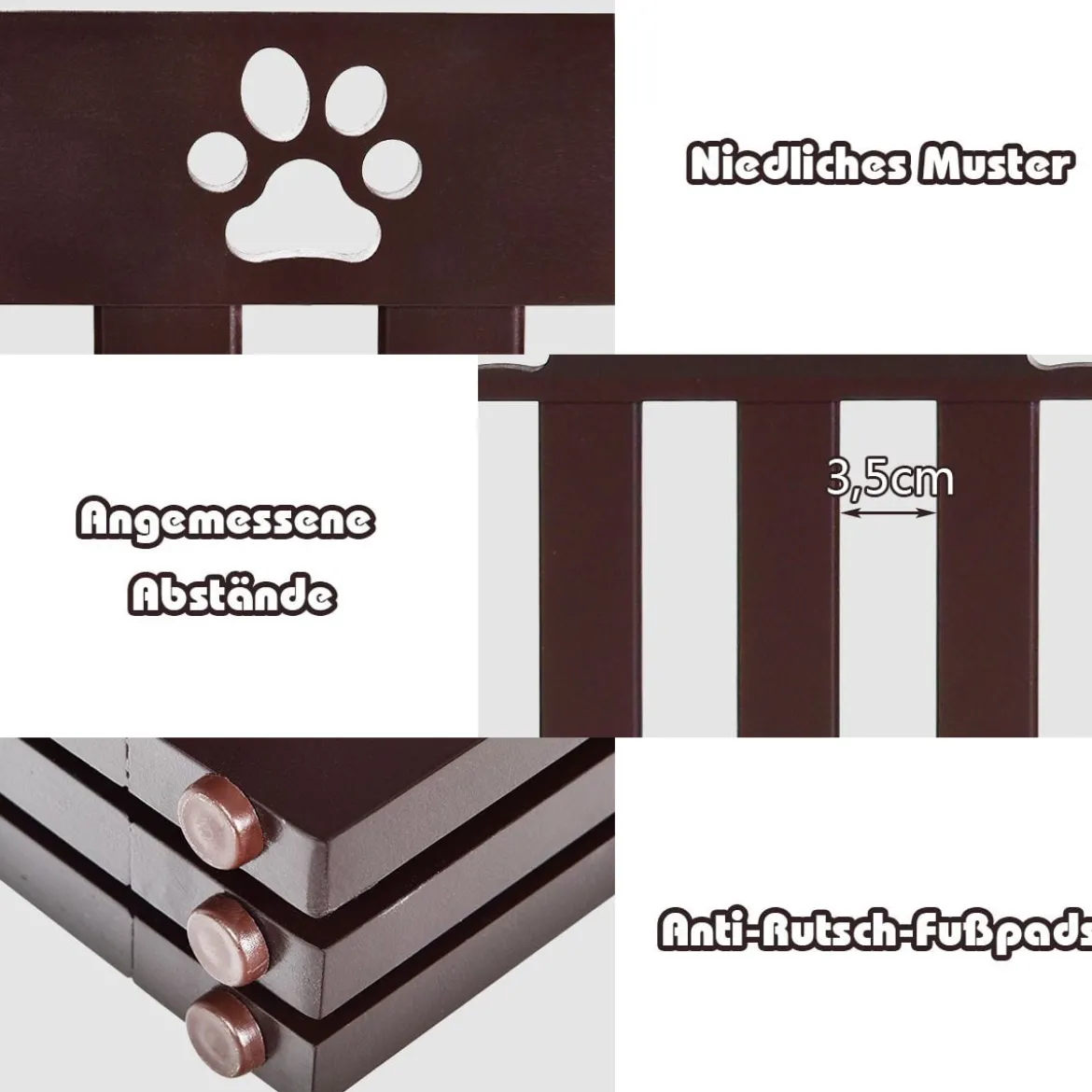 Freistehendes Holztor für Haustiere klappbares 3-teiliges Hundetor mit flexiblen Scharnieren Braun