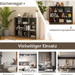 Freistehendes offenes Bücherregal mit 3 Ebenen & 8 Würfeln Mehrzweckschrank mit rutschfester BasisGrau