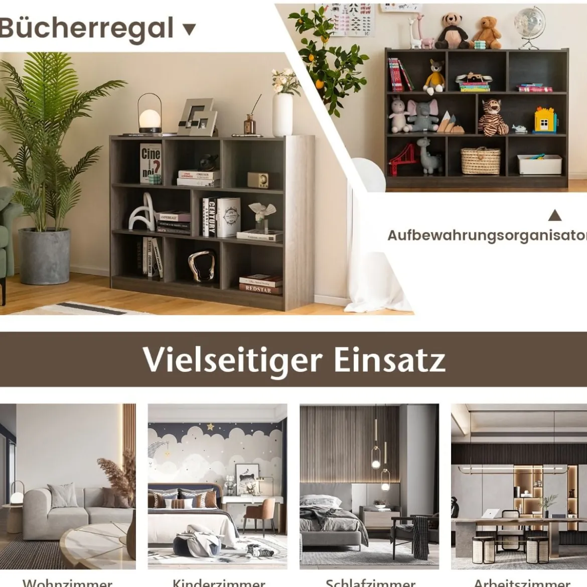 Freistehendes offenes Bücherregal mit 3 Ebenen & 8 Würfeln Mehrzweckschrank mit rutschfester BasisGrau