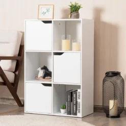 Freistehendes Regal mit Türen aus Holz Bücherregal mit 3 Offenen & 3 Geschlossenen Fächern