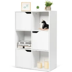 Freistehendes Regal mit Türen aus Holz Bücherregal mit 3 Offenen & 3 Geschlossenen Fächern
